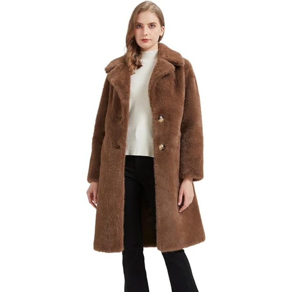 Faux Fur Thick Fuzzy Long Teddy Bear Coat Medium Coffee Brown Faux Suede Lined